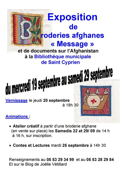 Exposition broderie afghane : Message - SAINT CYPRIEN (24)